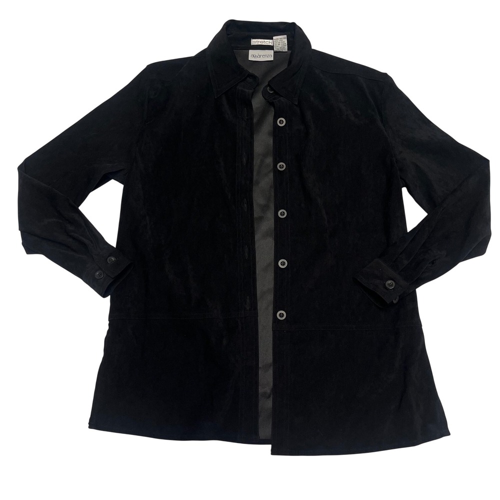 Apparenza Womens Black Faux Suede Stretch Button Down Shirt Jacket Small